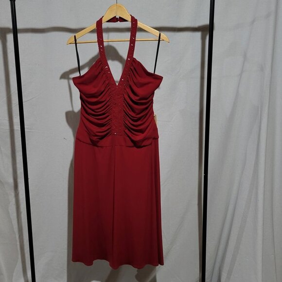 Red evening dress vintage Jessica plus size halter beaded formal prom 90s new - Picture 1 of 14
